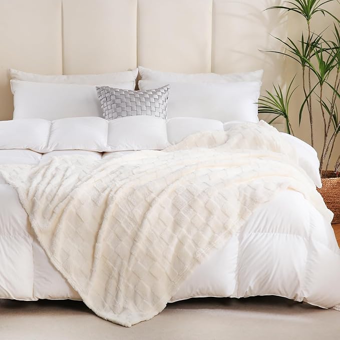 Cream White Fleece Throw Blanket 90”×90” for Couch Sofa Bed,Super Soft Cozy Plush Microfiber Flannel Blanket with 3D Checkered Design Lightweight for Adults,Woman,Girls