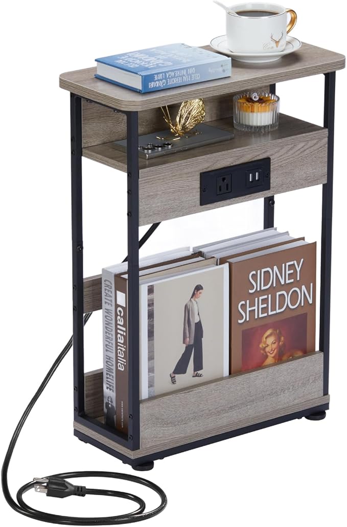 Narrow Side Table with Charging Station, 3-Tier End Table with 2 USB Ports & Power Outlets,Thin Sofa Side Table for Narrow and Small Spaces, Bedside Table Nightstand for Living Room,Oak