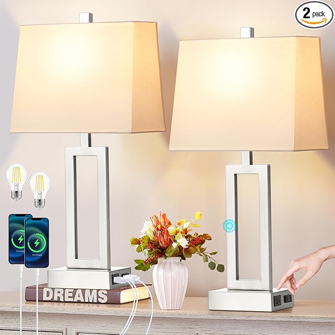 Touch Control Table Lamps for Living Room, 3-Way Dimmable Modern Table Lamp with USB A+C Charging Ports & AC Outlets, Bedside Contemporary Nightstand Desk Lamps with Fabric White Shade for Bedrooms