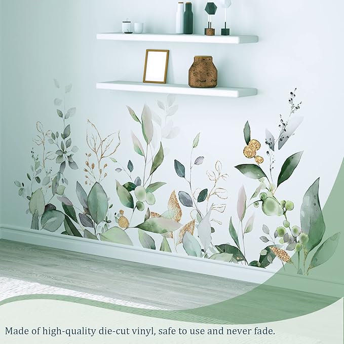 Green Plants Leaves Wall Decals Peel and Stick, Large Hanging Herbal Vinyl Wall Stickers, Removable Vine Home Decor Art for Bedroom Living Room Classroom Office