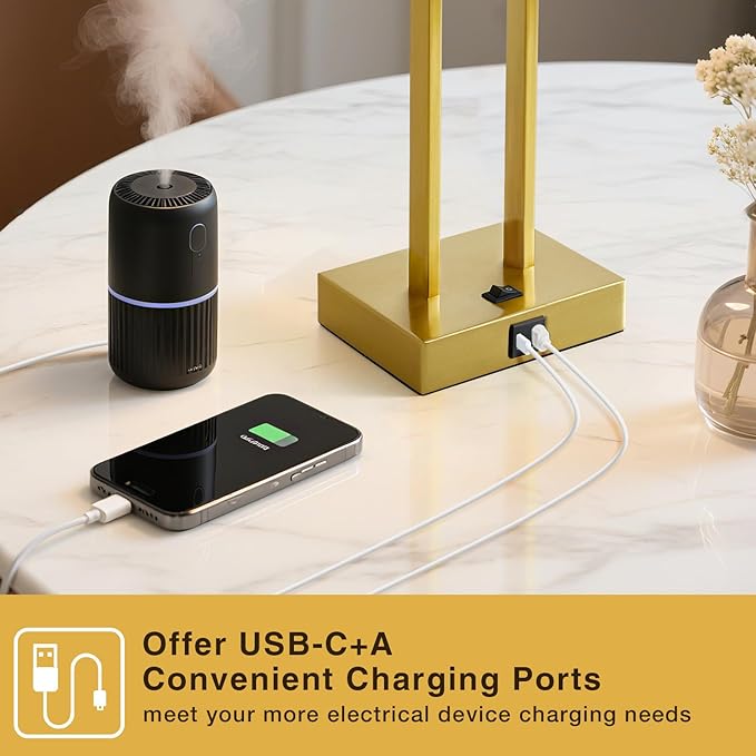 Extra Large 25.5" Nightstand Table Lamps for Bedrooms Set of 2, Bedside Lamp with USB C+A, Colors Changeable Living Room Lamp, Modern Night Stand Lamp for Bedside Guest Room Reading, Gold+White Shade