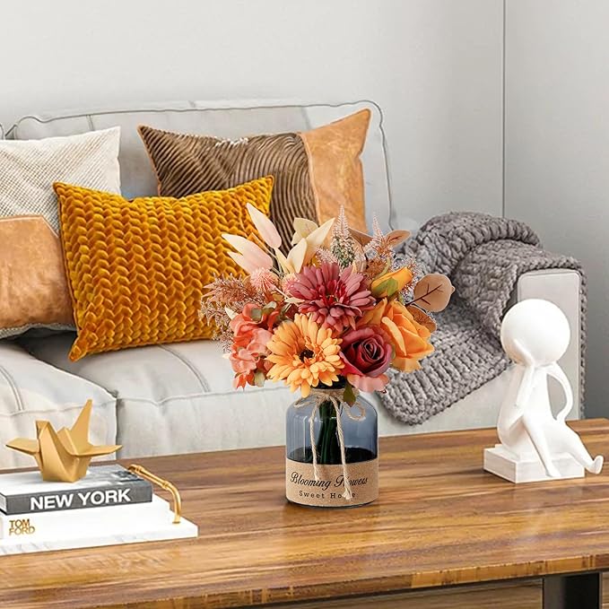 Leftover Fake Fall Flowers in Vase,Artificial Flowers with Vase,Centerpiece Table Decorations,Fall Centerpieces for Tables,Fall Kitchen Decor,Fall Flower Arrangements,Home Decor Living Room