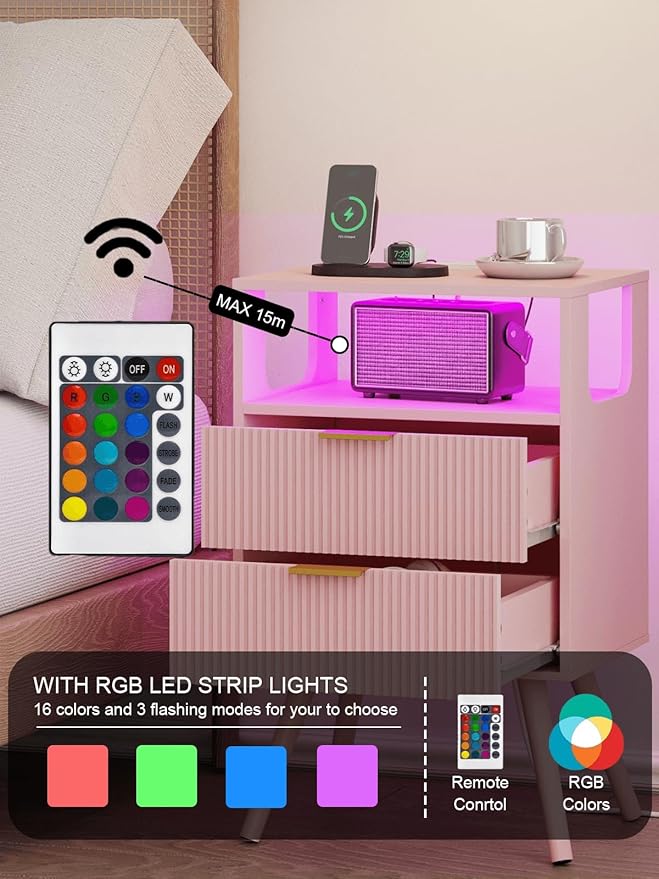 Nightstand, Modern Bedside Table with 2 Storage Drawer and Open Wood Shelf for Bedroom and Small Spaces, Night Stand with Solid Wood Legs (Pink-Outlet)