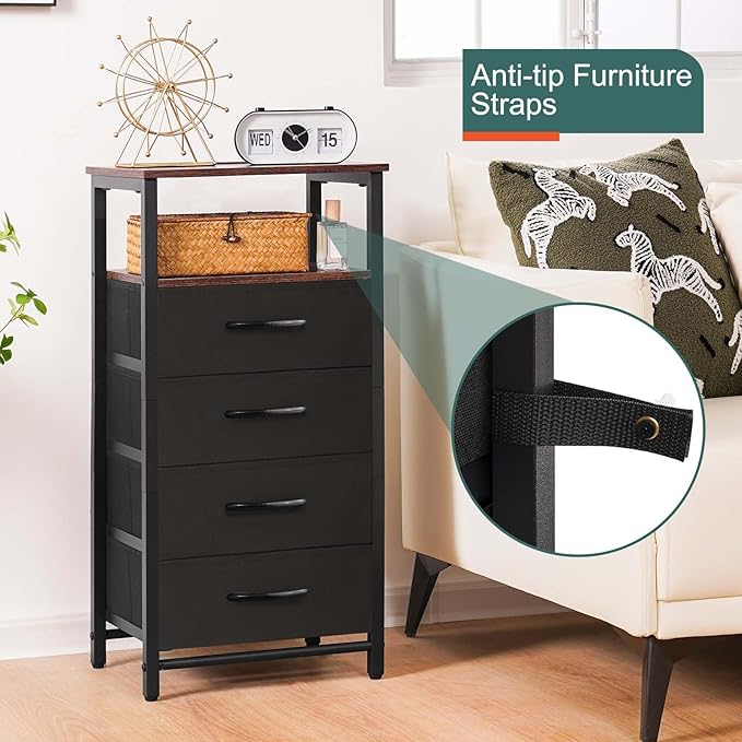 Yoobure Night Stand - LED Nightstand with Charging Station, Tall Dresser for Bedroom, Bedside Table with 4 Fabric Storage Drawers and Storage Shelf, End Table with USB Ports and Outlets