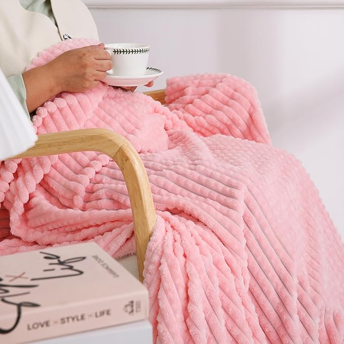 Puncuntex Light Pink Flannel Fleece Throw Blanket 50"×60",Soft Plush Cozy Valentines Blankets,Birthday Gifts for Mom,Women,Mothers Day with Square Grid Design for Couch Sofa Chair