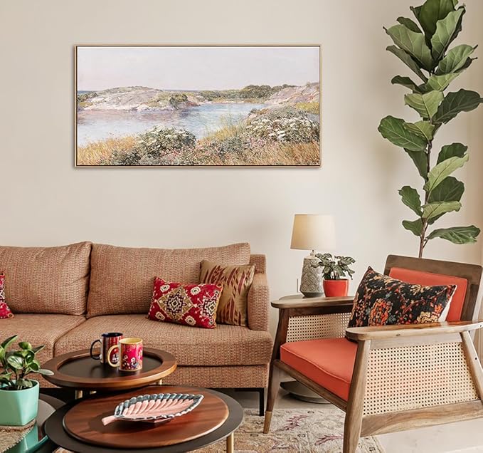 DJSYLIFE Large Framed Wall Art - Vintage Countryside Landscape Wildflowers River Scene Canvas Prints, Classical Paintings for Living room Bedroom Decor, Farmhouse Country Artwork 20"x40"