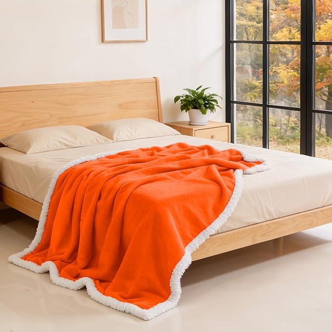 BEAUTEX Orange Sherpa Fleece Throw Blankets, Soft Fluffy Flannel Plush Blanket and Throw, Fuzzy Cozy Fall Halloween Blankets for Couch Bed Sofa Adults (50" x 60",)