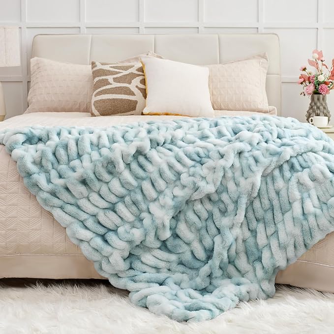Ultra Soft Luxury Faux Fur Throw Blanket for Couch, Fuzzy Fluffy Plush Warm Cozy Ruched Blanket for Sofa Bedroom Living Room, Elegant Gift Idea for Women (50"x60",Tie-dye Freshwater Blue)