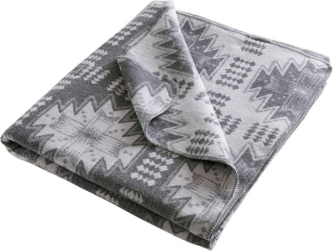 Woolrich Cotton Blend Jacquard Blanket with Whipstitch Edge, Lightweight All-Season Bed Blanket, Machine Washable, Oeko-TEX Certified, Grey Aztec, Full/Queen
