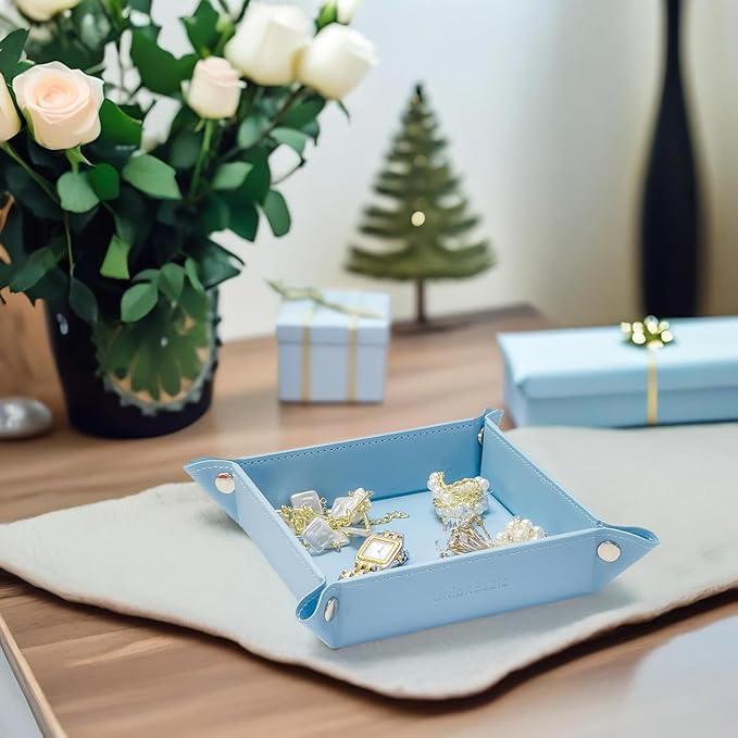 UnionBasic Small Valet Tray, Jewelry Tray for Rings Watches Earrings, Entryway Catchall Caddy for Coins Keys Change, Nightstand Bedside Valet Holder, Trays for Electronic Gadgets, Blue