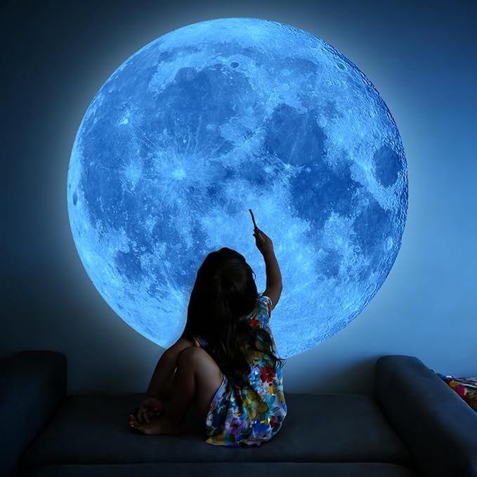 Large Glow in The Dark Full Moon Wall Stickers 6 Sheets Night Blue Luminous Moon Decals Peel and Stick Wall Decor for Kids Room Bedroom Living Room