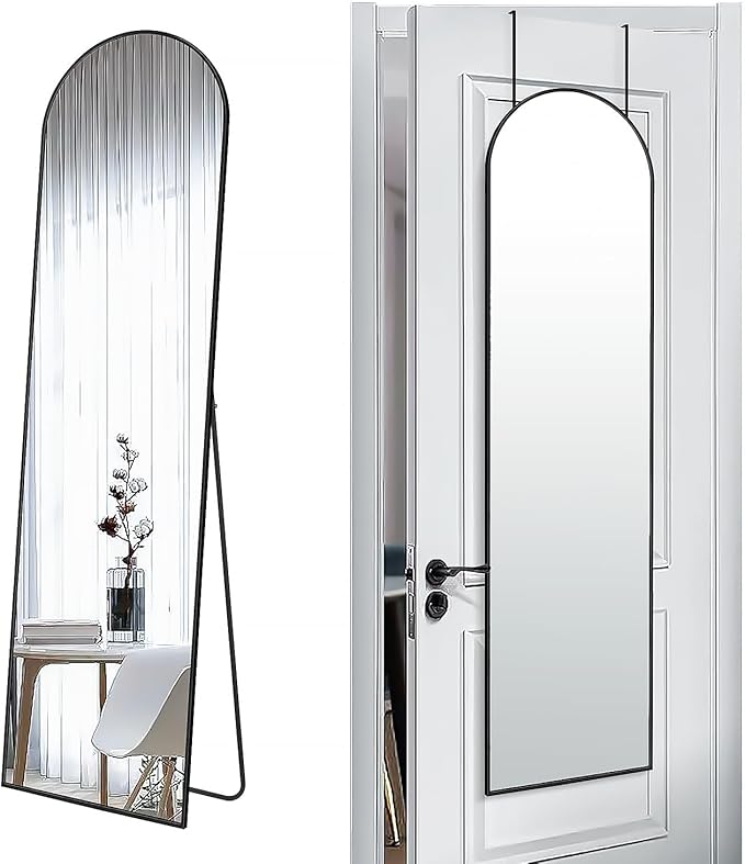 57x16 Door Hanging Full Length Mirror, Floor Stand (Height 5.7ft just Body in1.3ft) / Wall Mounted Metal Frame Arch Dressing Mirrors for Bedroom Living Room 57 inch Black