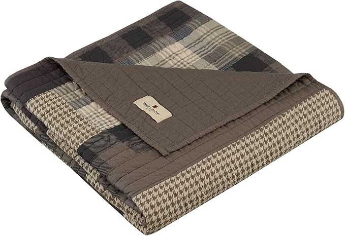 Woolrich Luxury Quilted Throw - Cabin Lifestyle, Patchwork with Moose Design All Season, Lightweight and Breathable Cozy Bedding Layer Throws for Couch Sofa, 50" W x 70" L, Winter Hills Tan