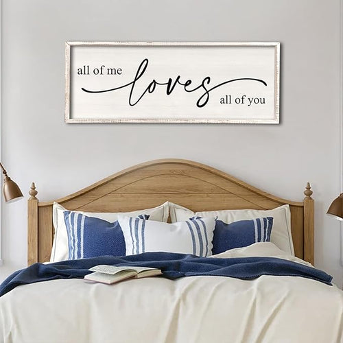 All Of Me Loves All Of You Wall Decor 40''×15'' Large Vintage Framed Wooden Plaque Modern Master Bedroom Above Over Bed sign Farmhouse Plaque Art Home Love Quotes Wall Hanging Decor (White)