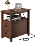 Farmhouse End Table with Charging Station and 2 Storage Drawers, Cherry Wood Nightstand Narrow, Skinny Side Table Rustic, Slim Bedside Table, Open Shelf, Small for Bedroom, Living Room, Sofa