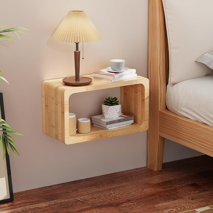 Bamboo Floating Nightstand with Storage Drawer and Modern Open Shelf Cubby，Bedroom, Living Room, Kitchen, Tool Room for use. (Natural, Prepare for Departure)