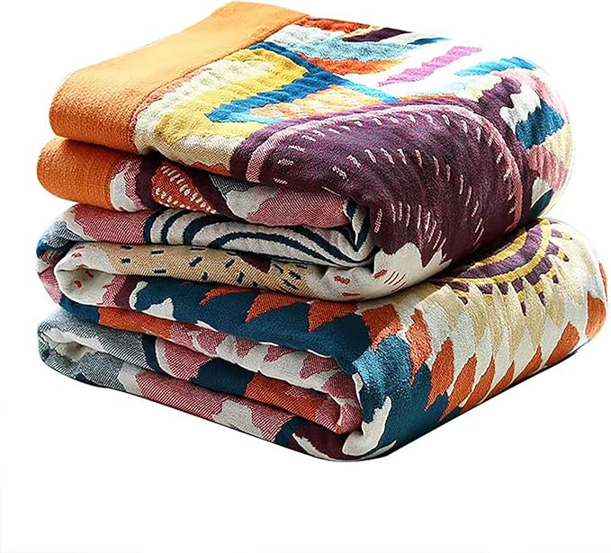 Boho Throw Blanket, 100% Organic Muslin Cotton Skin-Friendly Breathable Ultra Soft Bed Quilt Throw - All Season Decor Colorful Blanket for Sofa Couch Chair and Gift. 91" x 108"
