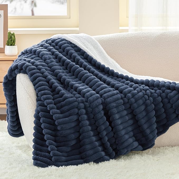 INFIIXSO Sherpa Throw Blanket for Couch - Super Soft & Warm Striped Fleece Blanket, Cozy Plush Fluffy Blanket All Season Use (Navy Blue, 60x80 Inches)