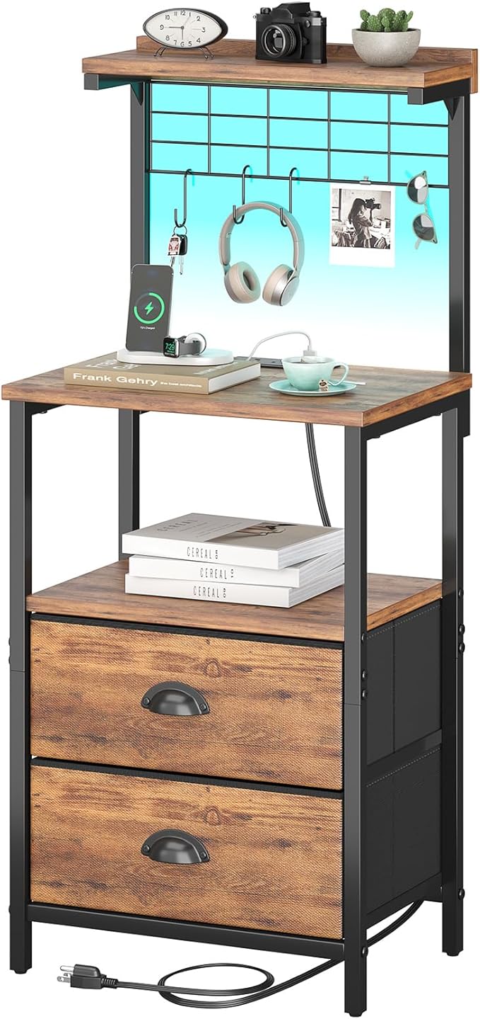 Tall Nightstands with Charging Station, LED Night Stand Bedsides with 2 Fabric Drawers,Hooks,USB Port and Open Storage Shelves,Tall End Table Bedside for Bedroom,Office, Rustic Brown
