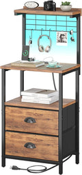 Tall Nightstands with Charging Station, LED Night Stand Bedsides with 2 Fabric Drawers,Hooks,USB Port and Open Storage Shelves,Tall End Table Bedside for Bedroom,Office, Rustic Brown