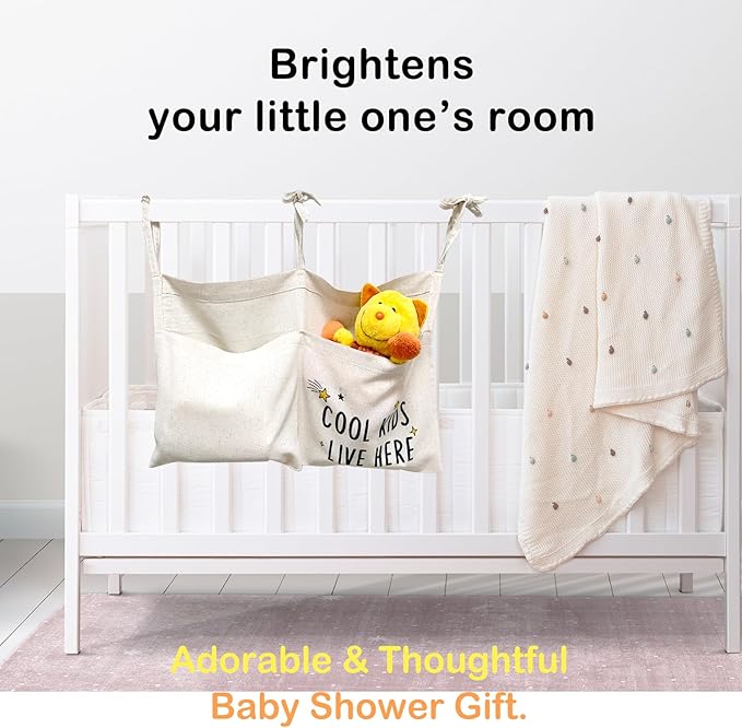 Cute Linen Baby Crib Hanging Storage Organizer, 2 Pockets Nursery Playpen Cloth Bag with Strap, Minimalist Nordic Lightweight Bedside Caddy for Diaper Wipes & Small Toys, Baby Shower Decor Funny Gift