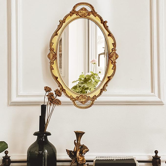Eaoundm 14.5 x 10 inchs Smallest Oval Antique Decorative Wall Mirror Vintage Hanging Mirror (Gold)