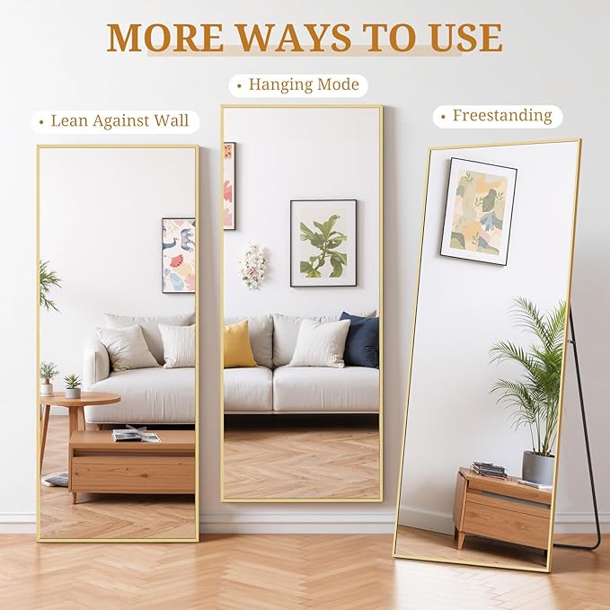 Full Length Mirror 71"x26" Full Body Mirror Rectangle Free Standing Wall Mounted Leaning Floor Mirrors with Stand Aluminum Alloy Frame for Bedroom Cloakroom, Gold