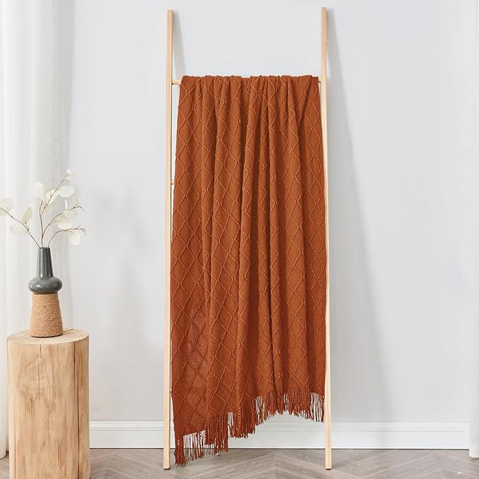 inhand Knitted Throw Blankets for Couch and Bed, Soft Cozy Knit Blanket with Tassel, Orange Rust Lightweight Decorative Blankets and Throws, Farmhouse Warm Woven Blanket for Men and Women, 60"x80"