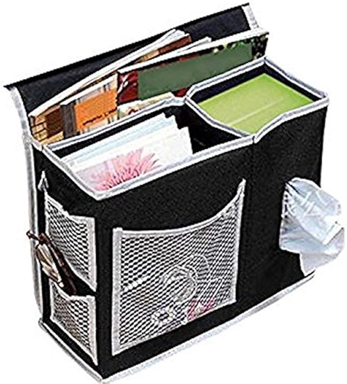 Oxford Bed Pockets Portable Remote Control Bedside Storage Caddy Hanging Organizer Bag with 6 Pockets Bed Sofa Organizer for Magazine Tissue Phone Black