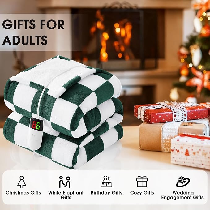 Heated Electric Blanket Throw, 50X60 Heating Blanket with 10 Heat Level & 8 Hours Auto Off for Lap, Dark Green Checkered Plaid Soft Sherpa Blankets for Mom Grandma Women Couch