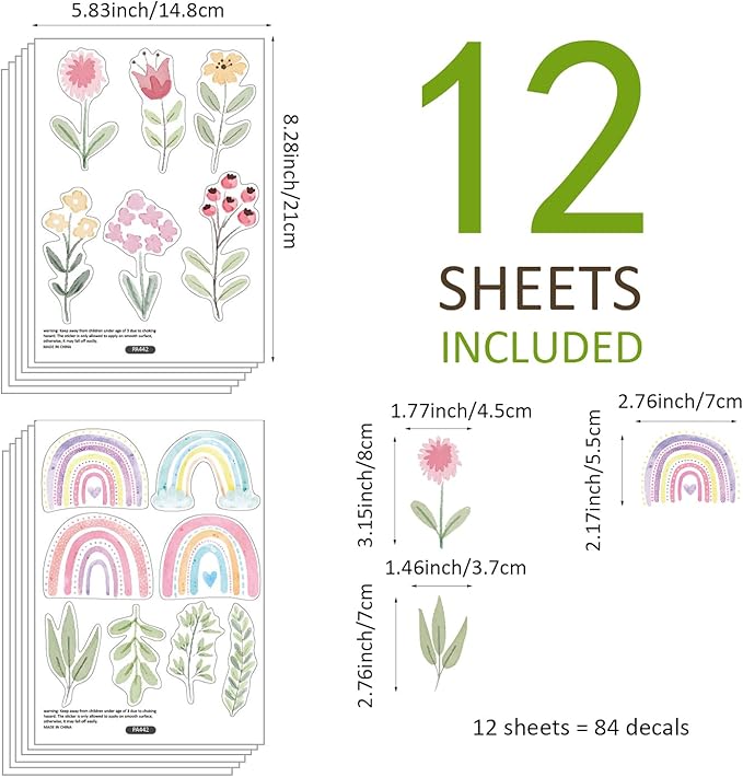 QUCHENG Nursery Wall Stickers Boho Kids Room Decor Girls Bedroom Removable Wall Decals Vinyl Murals DIY Cute Decorations 12 Sheets