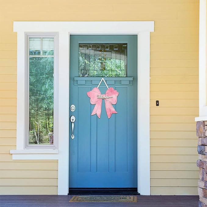 Pink Bow Decor Hanging Sign Cute Coquette Bow Decoration Double-sided Wooden Bowknot Welcome Door Sign for Preppy Room Wall Home Bedroom Fall Halloween Indoor Outdoor Porch