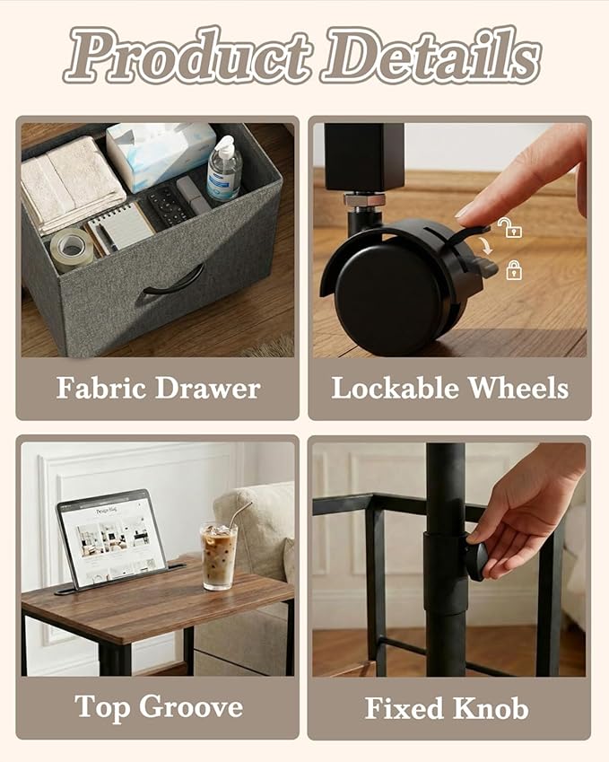 360° Swivel Nightstand with Height Adjustable, Lift Top Bedside Table with Charging Station, Rolling Night Stand with Fabric Drawer, End Table with Wheels, for Bedroom, Living Room, Walnut Gray