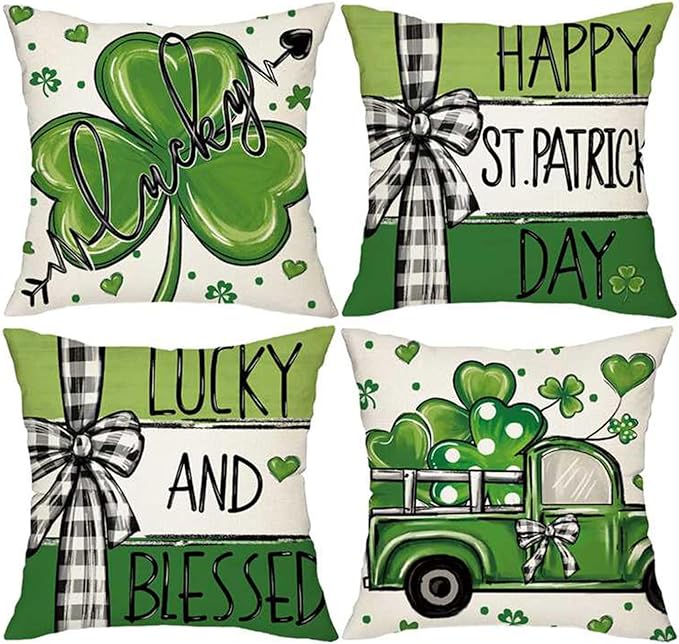 ONFAON St Patricks Day Pillow Covers 18x18 Set of 4 Shamrock Green St Patricks Day Decorations St Patricks Day Hat Farmhouse Classic Decorative Square Cushion Cases for Sofa Couch