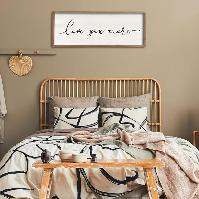 Love You More Sign Wall Decor 40''×15'' Large Vintage Framed Wood Modern Farmhouse Wall Decor for Master Bedroom Above Over Bed Minimalist Wall Art Hanging (Wood White)