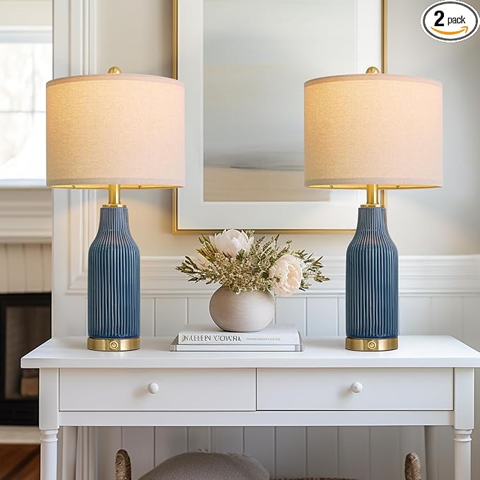 24.5" Modern 3-Way Dimmable Touch Control with 5FT Cord & USB A+C Ceramic Lamps Set of 2 Table Lamp for Living Room Bedroom Farmhouse Nightstand Bedside Blue