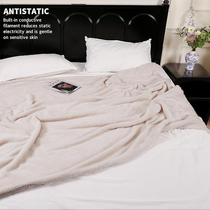 Plush Fleece Throw Blanket for Couch and Bed, Fluffy Fuzzy Cozy Queen-Size Soft Blankets All Season Use (60x80 Inches,Beige)