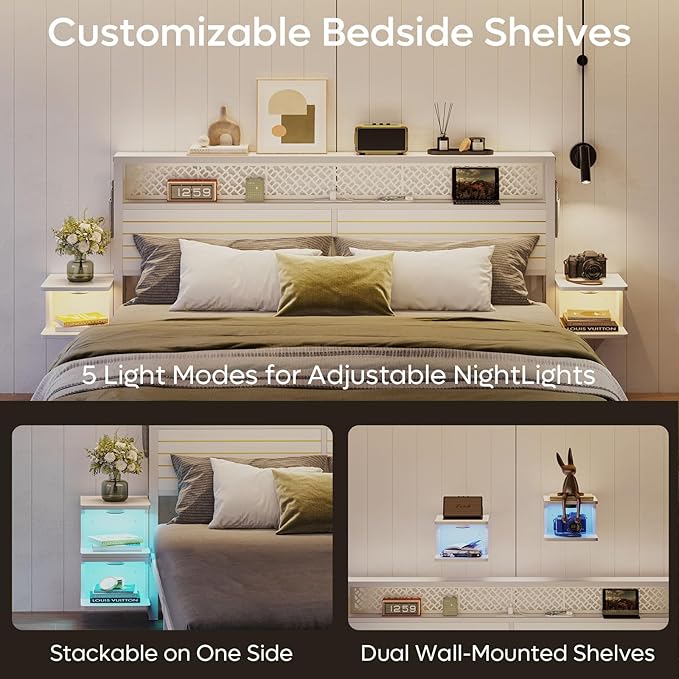 Bestier King Bed Frame with Horizontal Golden Stripe Storage Headboard&LED Nightstands, Metal Platform Bed with Charging Station, Heavy Duty Metal Slats, No Box Spring Needed, Noise Free(White)