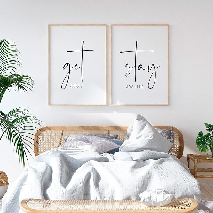 Pennclys Get Cozy Wall Art Decor Stay Awhile Sign Canvas Above Bed Wall Art Guest Bedroom Decor Lets Stay in Bed Pictures Modern Painting Artwork for Living Room Guest Room 16x24x2 Inch Unframed