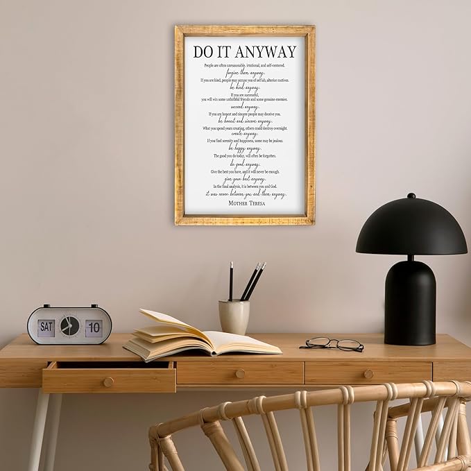 comurdyo Do It Anyway Wall Decor 16"x11" Mother Theresa Quotes Inspirational Sign Bible Verse Christian Motivational Modern Bedroom Vintage Wood Framed Farmhouse Wall Hanging Art (Wood)