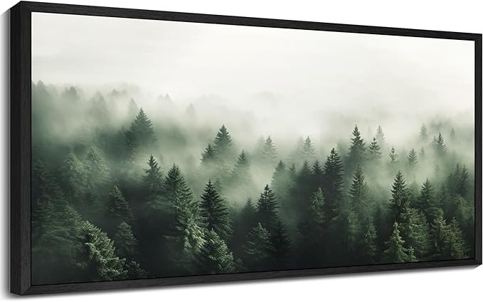 SHENIFY Green Fog Pine Tree Forest Vintage Framed Wall Art Modern Landscape Scenery Farmhouse Artwork Prints Decor for Kitchen Bedroom Living Room Bathroom - 8x16in Black Framed