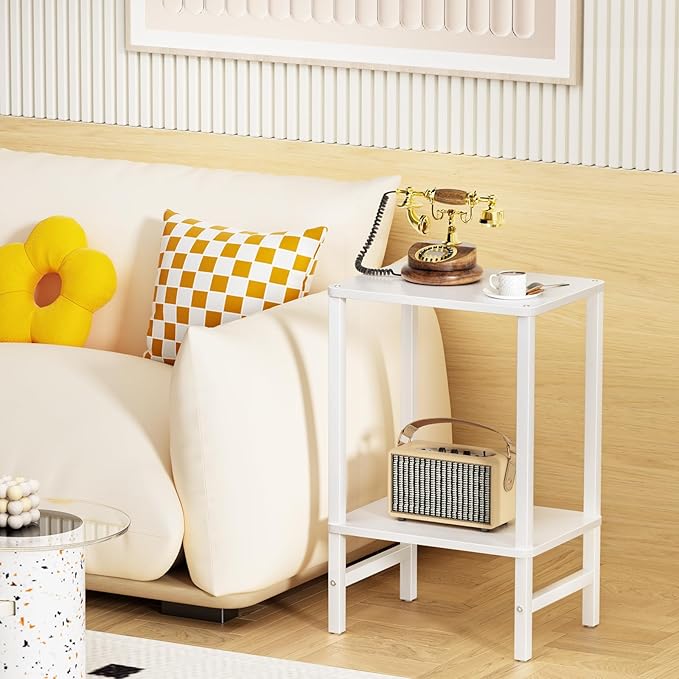 Side Table End Table Tall Night Stand 2-Tier for Living Room Bedroom Bathroom Office Furniture White