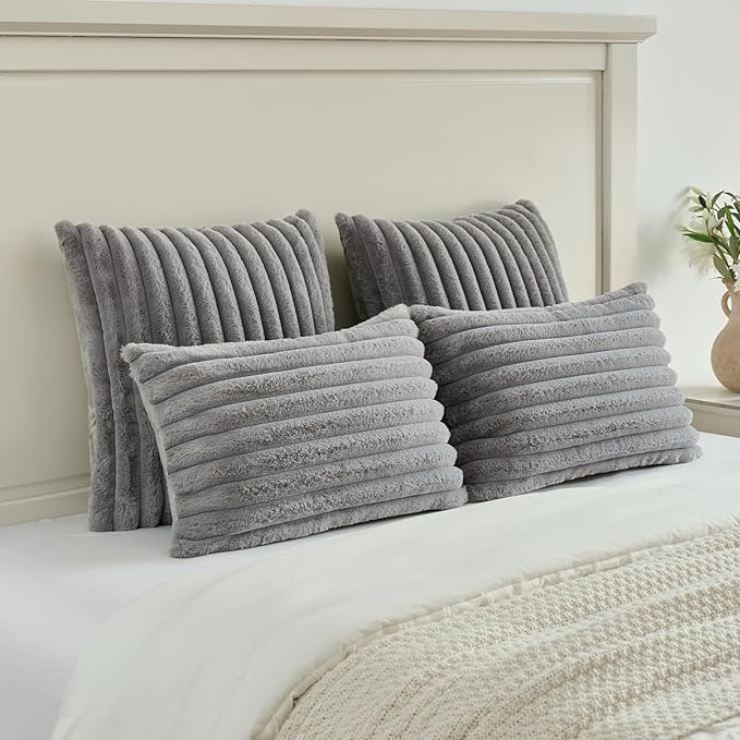 FUTEI Grey Decorative Throw Pillow Covers Set of 2, 24x24 Inch Soft Fluffy Faux Fur Plush Striped European Cushion Cases, Modern Home Decor for Couch Bed Living Room