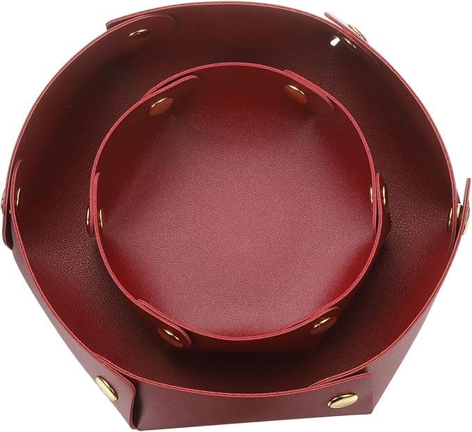 uxcell 2 Pcs Valet Tray for Women and Men, PU Leather Jewelry Tray Entryway Table Bedside Nightstand Catchall Storage Organizer for Jewelry Key Coin Watch Wallet (2 Size, Wine Red)
