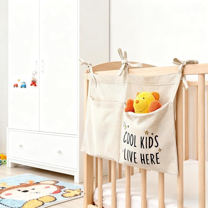 Cute Linen Baby Crib Hanging Storage Organizer, 2 Pockets Nursery Playpen Cloth Bag with Strap, Minimalist Nordic Lightweight Bedside Caddy for Diaper Wipes & Small Toys, Baby Shower Decor Funny Gift
