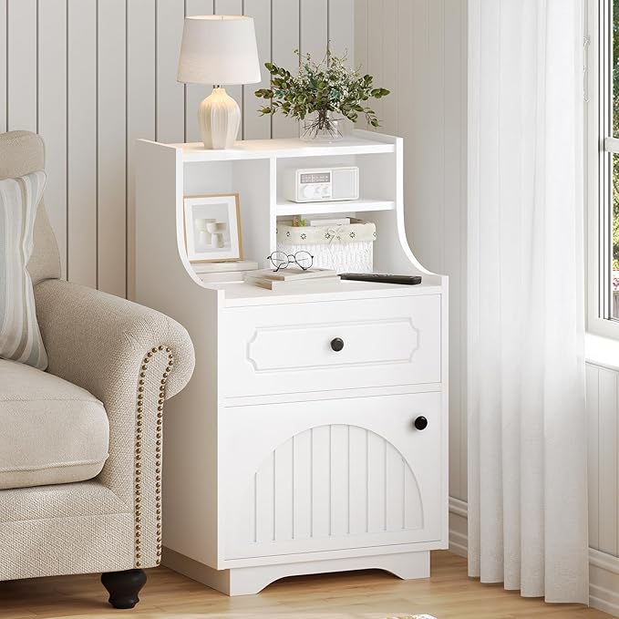 4ever2buy Modern Farmhouse Nightstand with Storage Hutch Engineered Wood Bedside Table with Drawer 30.31 inch Tall Night Stand End Table for Bedroom White