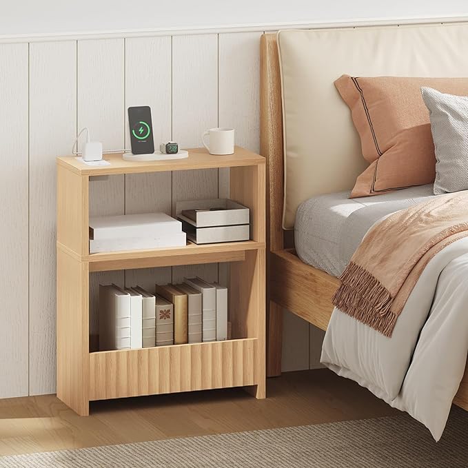 Small Narrow Side Table with Open Storage Shelves, 3-Tier Skinny End Table with Charging Station for Small Space, Slim Nightstand, Skinny Couch Side Table for Living Room, Bedroom, Natural ETNA751E01