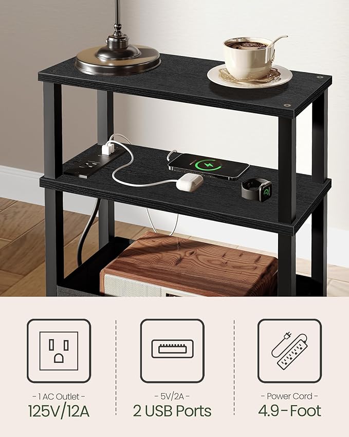 Set of 2 End Tables with Charging Station, Narrow Side Table for Small Spaces, Slim Nightstand with Basket, Skinny Bedside Table, for Living Room, Bedroom, Black TBZ07UP2BBN1