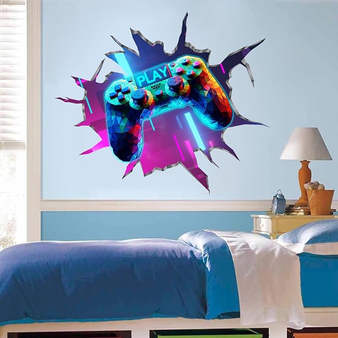 Large 3D Game Wall Decals (35.8”x32.4”), Gaming Break Through The Wall Vinyl Wall Stickers for Game Lover, Removable Video Games Artwork for Boys Playroom Bedroom Decor