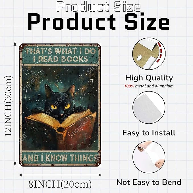 snowsun Black Cat Reading A Book Vintage Signs Aluminum Sign Kitchen Cafe Home Bar Restaurant Room Home Vintage Tin Sign 8X12 Inches